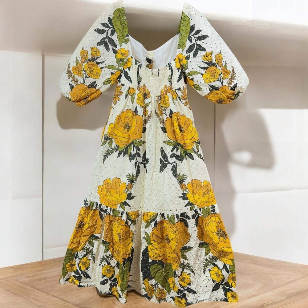 Farm Rio Maxi Dress Womens Small Quiet Garden Floral Eyelet Puff Sleeve Summer - Picture 5 of 10